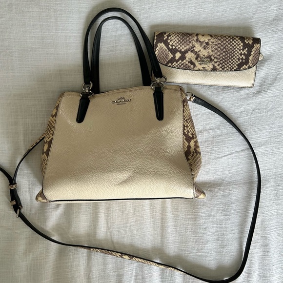 Cream and Black Coach Structured Satchel with Detachable Strap - Picture 1 of 3